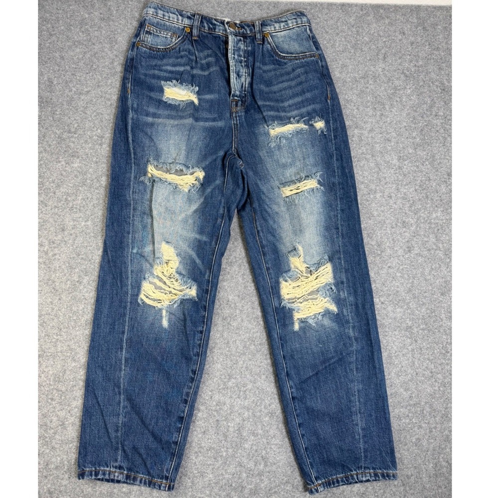 Sandrine Rose Womens 28 Distressed Cinch Back Straight Leg Jeans Blue Denim